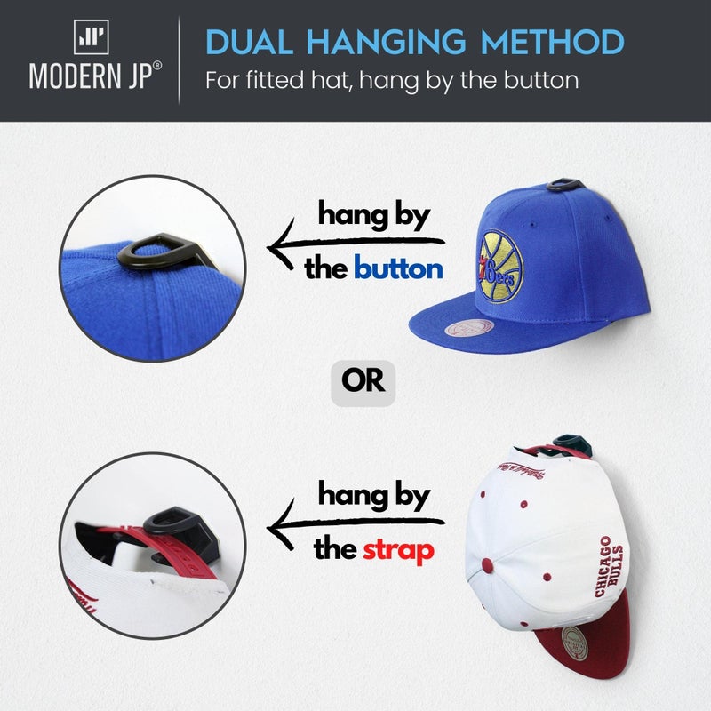 Modern JP Adhesive Hat Hooks for Wall (8-Pack) - Hat Rack for Baseball Caps, Minimalist Hat Display, Strong Hold Hat Hangers for Wall - USA Patented, Black - Image 4